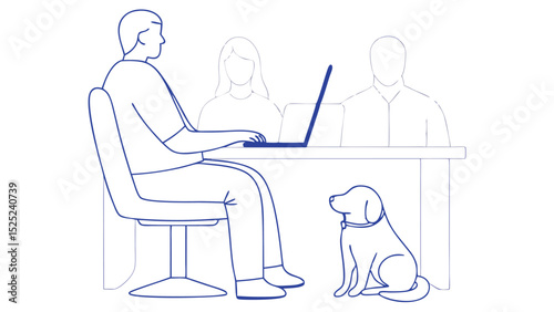 Man working on laptop at a desk with two colleagues in the background and a dog sitting nearby, illustrating a collaborative and relaxed office environment
