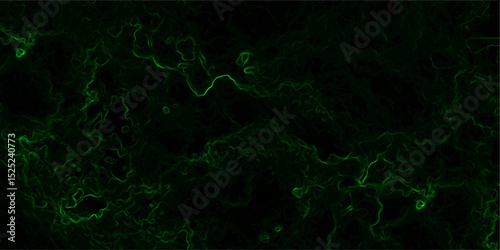 Abstract dark texture with glowing neon green fractal-like wisps and swirling tendrils against a nearly black background. luminous smoke or energy field, forming intricate organic patterns and depth.