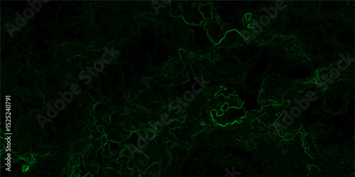 Abstract dark texture with glowing neon green fractal-like wisps and swirling tendrils against a nearly black background. luminous smoke or energy field, forming intricate organic patterns and depth.