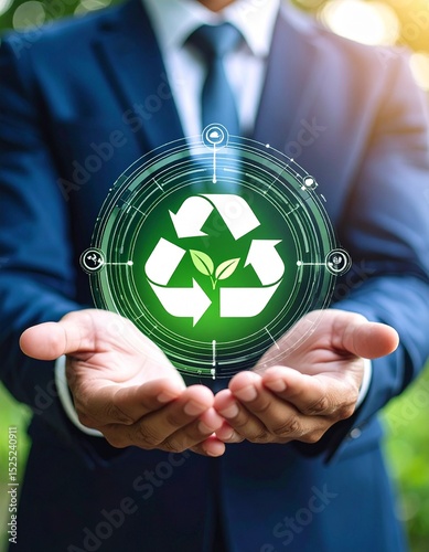 businessman holding circular economy icon Circular economy concept for future business growth and environmental sustainability and reduce pollution for future business and environmental growth.