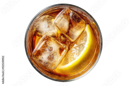 Top-down view of a drink in a glass with ice and lemon