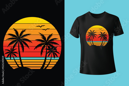 Summer Coastline T-Shirt Art – Minimalist Beach Line Drawing, Beach Bum Lifestyle T-Shirt – Chill Island Vibes and Surfboard, Escape to the Beach Shirt Design – Sunset View and Palm Trees.