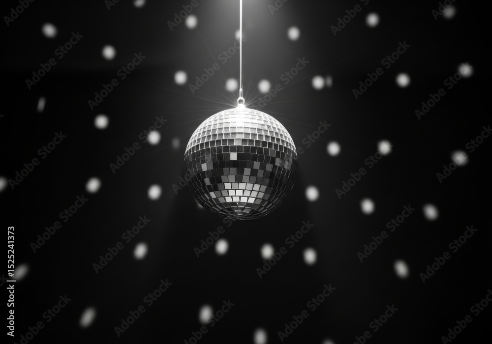 Fototapeta premium Disco ball in motion casting dazzling light spots in dark atmosphere for party vibes