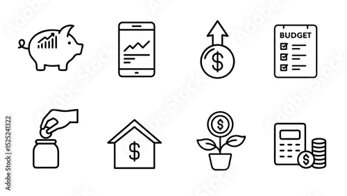 Financial progress icons depicting budgeting and investment concepts  