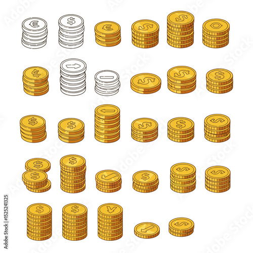 Stack of gold coin of different size. Realistic 3d vector golden metal money in pile. Financial and bank game or casino cash treasure. Heap of empty circular currency for profit and wealth concept.