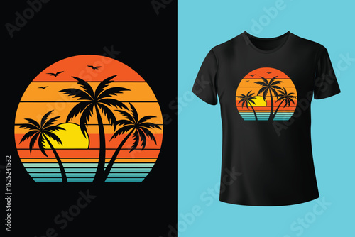 Summer Coastline T-Shirt Art – Minimalist Beach Line Drawing, Beach Bum Lifestyle T-Shirt – Chill Island Vibes and Surfboard, Escape to the Beach Shirt Design – Sunset View and Palm Trees.