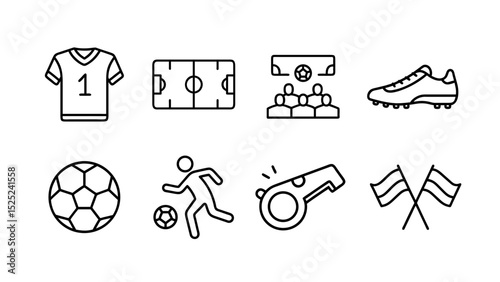 8 icons set. Soccer icons including jersey, ball, player, and referee whistle