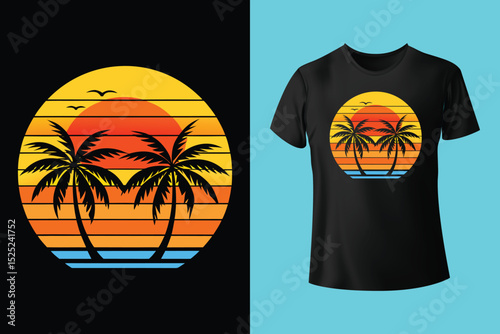 Summer Coastline T-Shirt Art – Minimalist Beach Line Drawing, Beach Bum Lifestyle T-Shirt – Chill Island Vibes and Surfboard, Escape to the Beach Shirt Design – Sunset View and Palm Trees.