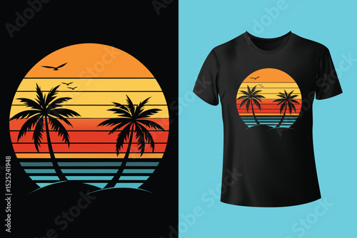 Summer Coastline T-Shirt Art – Minimalist Beach Line Drawing, Beach Bum Lifestyle T-Shirt – Chill Island Vibes and Surfboard, Escape to the Beach Shirt Design – Sunset View and Palm Trees.