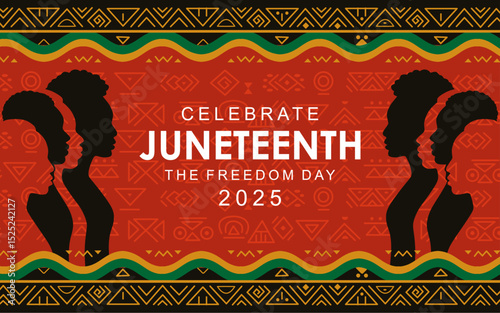 Juneteenth 2025 design with African American silhouettes, typical African ornaments and freedom colors, symbolizing liberation and unity. Juneteenth Freedom Day. June 19 2025 African American Liberati