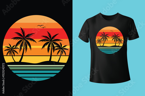 Summer Coastline T-Shirt Art – Minimalist Beach Line Drawing, Beach Bum Lifestyle T-Shirt – Chill Island Vibes and Surfboard, Escape to the Beach Shirt Design – Sunset View and Palm Trees.