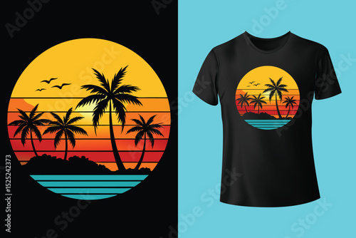 Summer Coastline T-Shirt Art – Minimalist Beach Line Drawing, Beach Bum Lifestyle T-Shirt – Chill Island Vibes and Surfboard, Escape to the Beach Shirt Design – Sunset View and Palm Trees.