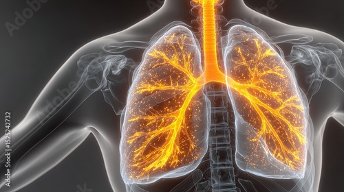 Illuminated illustration of human lungs and respiratory system within the body