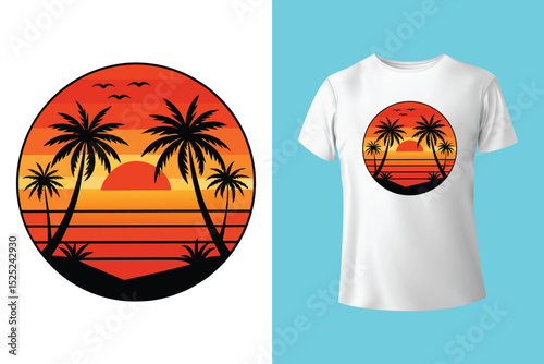 Summer Coastline T-Shirt Art – Minimalist Beach Line Drawing, Beach Bum Lifestyle T-Shirt – Chill Island Vibes and Surfboard, Escape to the Beach Shirt Design – Sunset View and Palm Trees.