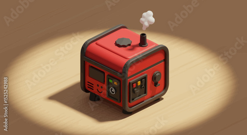 A Vibrant 3D Render of a Portable Generator Emitting Smoke on a Wood Surface
