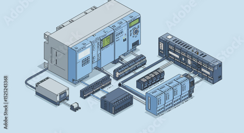 Illustration of industrial automation system components on light blue background