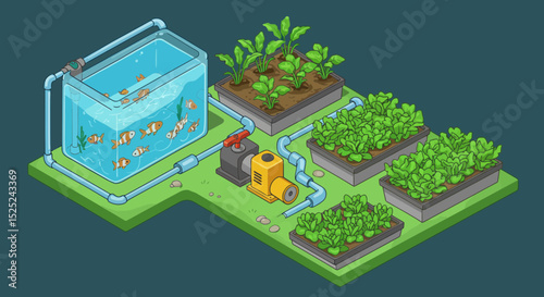 Aquaponics Illustration: Symbiotic Fish Tank and Plant Bed Ecosystem Depiction