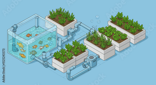 Isometric illustration showcasing aquaponics system combining fish farming and gardening