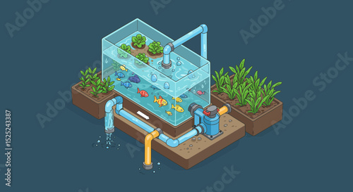 Aquaponics system illustration with fish tank, plants, pipes and water flow concept