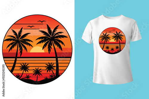 Summer Coastline T-Shirt Art – Minimalist Beach Line Drawing, Beach Bum Lifestyle T-Shirt – Chill Island Vibes and Surfboard, Escape to the Beach Shirt Design – Sunset View and Palm Trees.