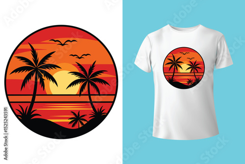 Summer Coastline T-Shirt Art – Minimalist Beach Line Drawing, Beach Bum Lifestyle T-Shirt – Chill Island Vibes and Surfboard, Escape to the Beach Shirt Design – Sunset View and Palm Trees.