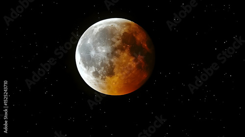 Dramatic lunar eclipse contrasting colors with cosmic starry backdrop