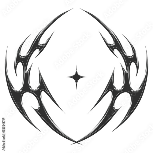 3d chrome of metal y2k icon. Symmetrical tribal cyber sigilism brutalism element for streetwear clothing design tattoo sticker editable