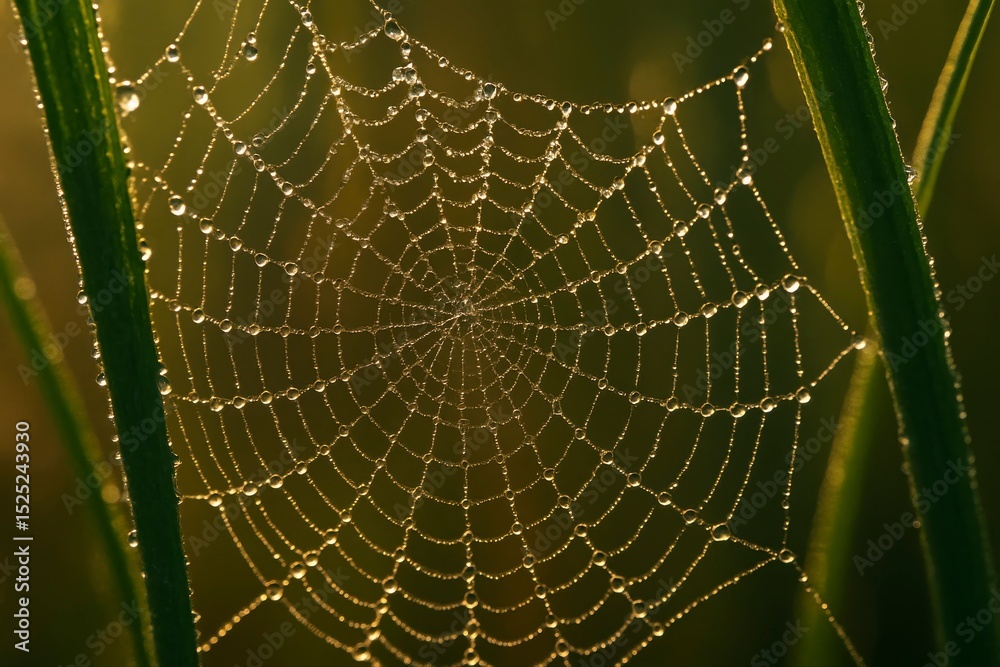 Naklejka premium Spiderweb covered in dew drops hanging between blades of green grass