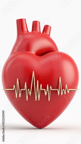 A realistic red heart with heartbeat line concept for health and wellness on White Background.
