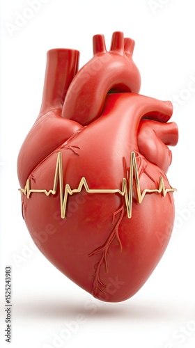 A realistic Heart Model with ECG Line Representation on White Background