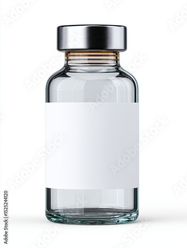 Immunization Vial Mockup on White Clear Glass Bottle with Metal Cap and Blank Label for Various Uses