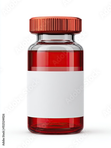 Immunization Vial Mockup on White Clear Glass Bottle with Red Liquid and Empty Label for Medical Use