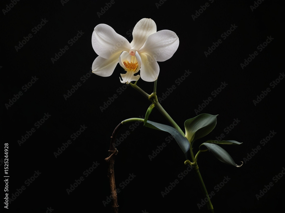 Obraz premium Elegant White Orchid in Dramatic Lighting Against Black Background – Minimalist Fine-Art Floral Portrait