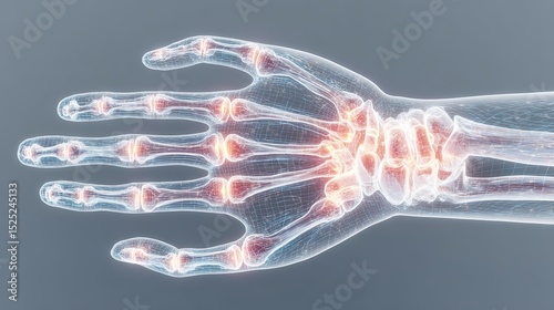 Medical illustration of a hand skeleton highlighting joints with inflammation and pain