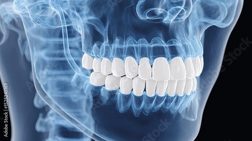 Medical illustration of a healthy human jaw with teeth and surrounding bone structure