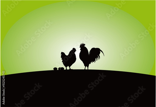 landscape with silhouettes of a rooster and hen vector illustration