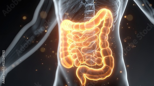 Medical illustration of the human digestive system in a transparent body with glowing organs