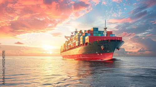 Large cargo ship loaded with colorful containers sails on calm ocean waters at sunset under a dramatic sky.