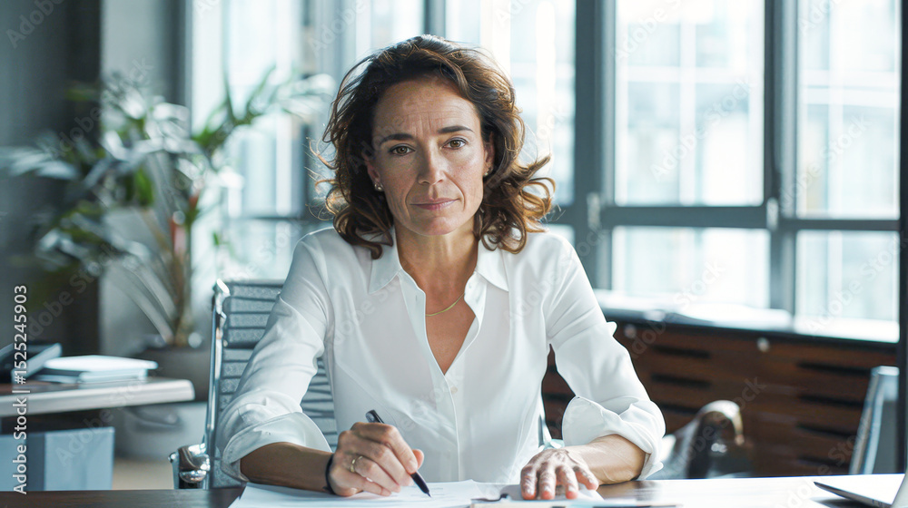 Obraz premium A confident businesswoman in a white shirt sits at a desk in a modern office, holding a pen and looking at the camera.