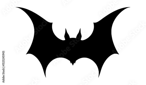 A black silhouette of a bat with outstretched wings against a plain white background. Vector illustration, perfect for Halloween, tattoos, print-on-demand products, wall art, and wallpaper.