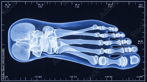 Medical X-ray image of a human foot showing the skeletal structure in detail