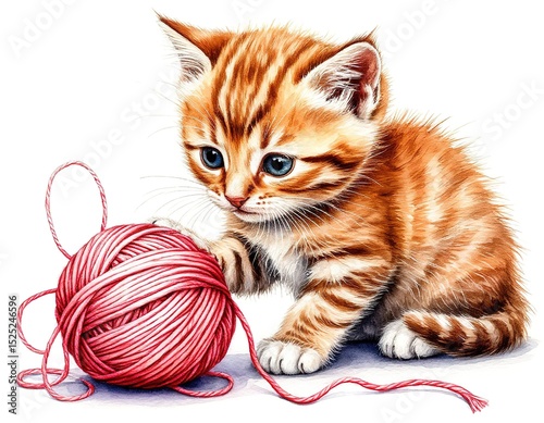 A cute kitten plays with a ball of wool. watercolor illustration card.
