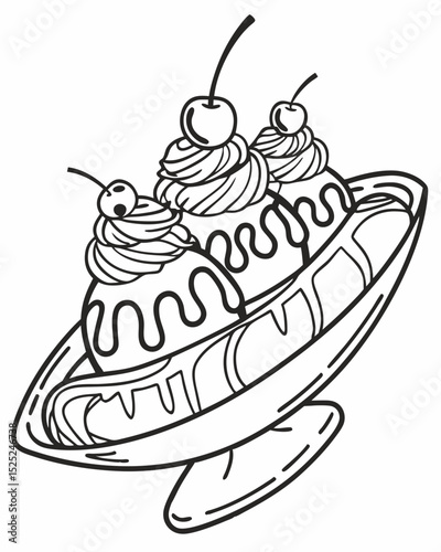 Line art vector, intricate details, banana split, outline only, classic diner style.