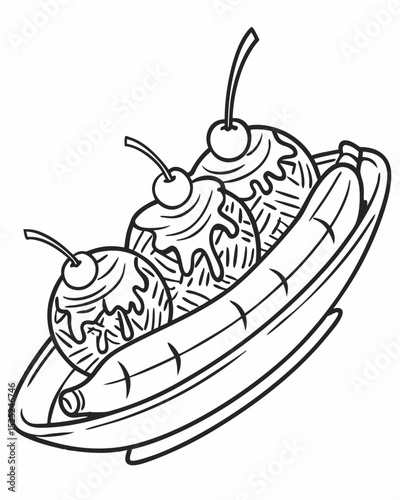 Line art vector, intricate details, banana split, outline only, classic diner style.