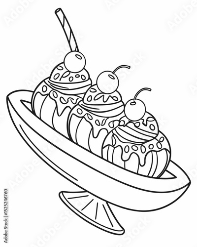 Line art vector, intricate details, banana split, outline only, classic diner style.