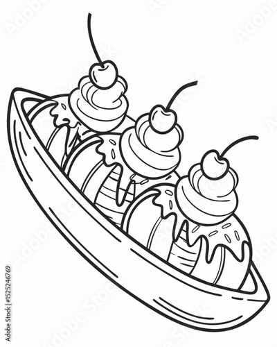 Line art vector, intricate details, banana split, outline only, classic diner style.