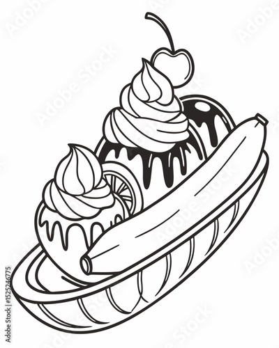Line art vector, intricate details, banana split, outline only, classic diner style.