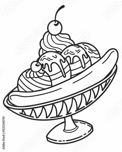 Line art vector, intricate details, banana split, outline only, classic diner style.