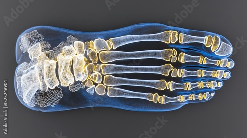 Overhead view of a detailed anatomical illustration of the human foot's bone structure