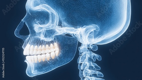 Side view of a human skull with teeth rendered in a wireframe style on blue